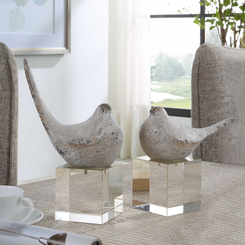 2 bird figurines silver distressed crystal block base