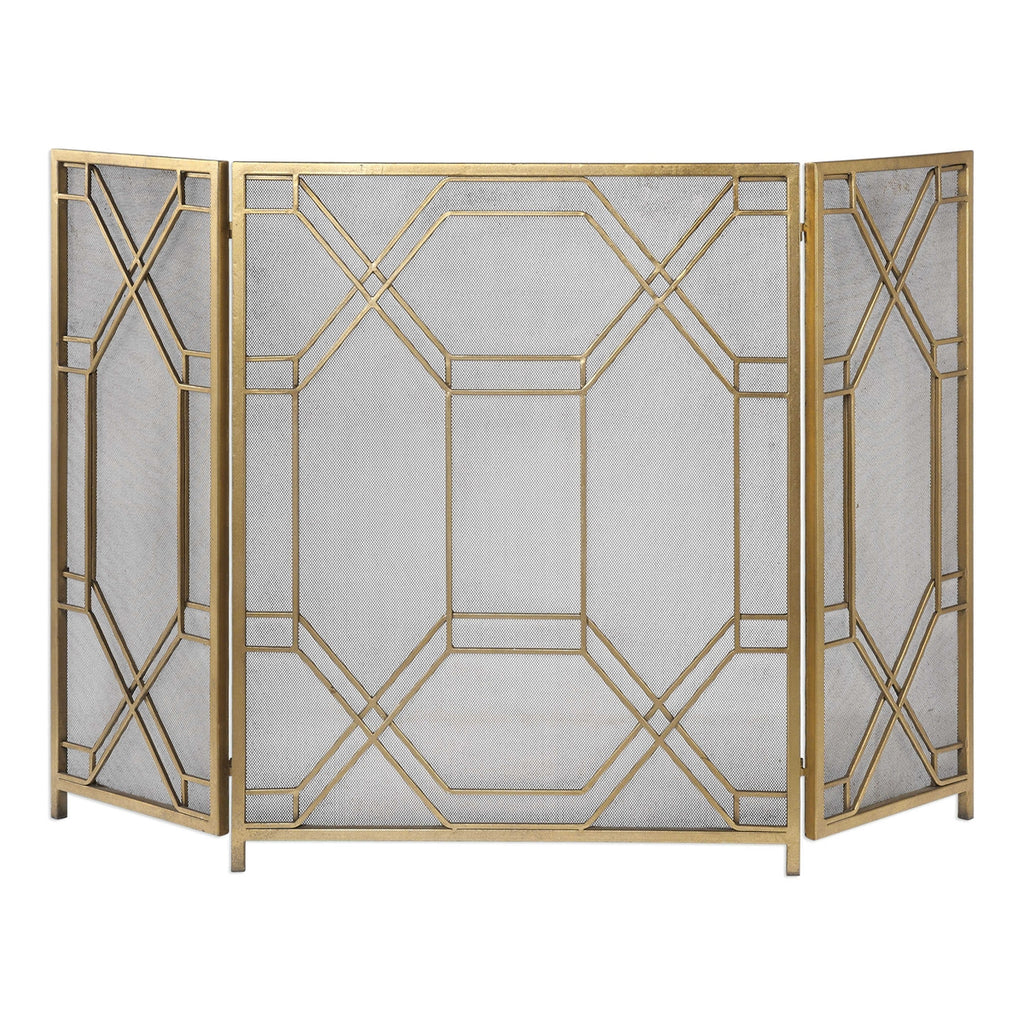 fireplace screen 3-panel mesh gold geometric