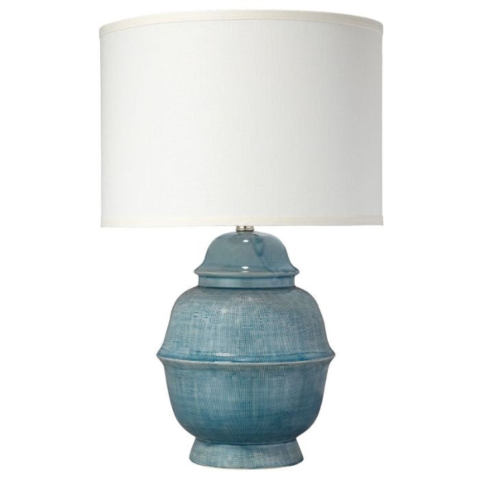 textured blue table lamp Asian influence off-white linen shade