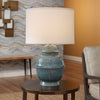 textured blue table lamp Asian influence off-white linen shade
