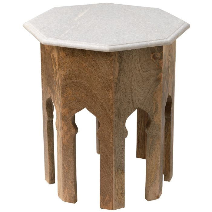 mango wood side table round marble top white