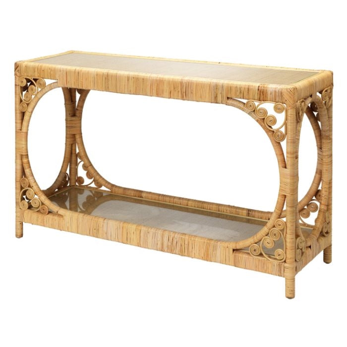 two tier natural rattan console table