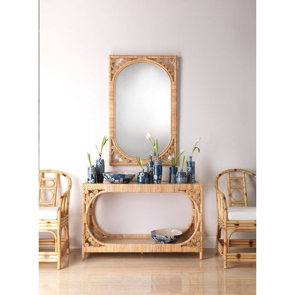 two tier natural rattan console table