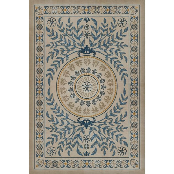 blue tan medallion tile lay flat vinyl rug