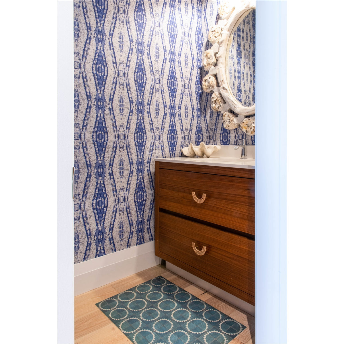 vinyl floor mat sunburst star tile pattern teal cream