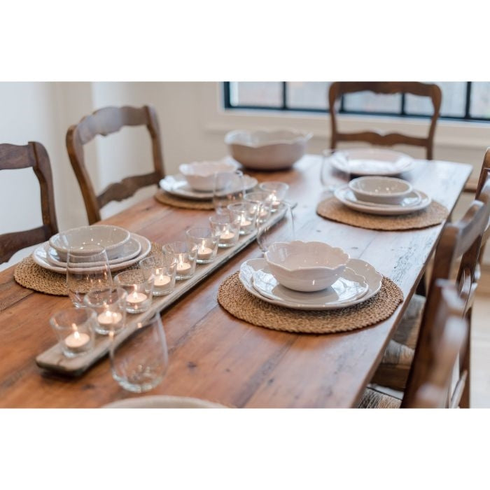 white scalloped melamine dinner plate