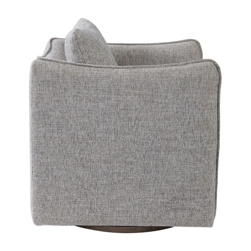 grey woven upholstered arm swivel chair loose pillow