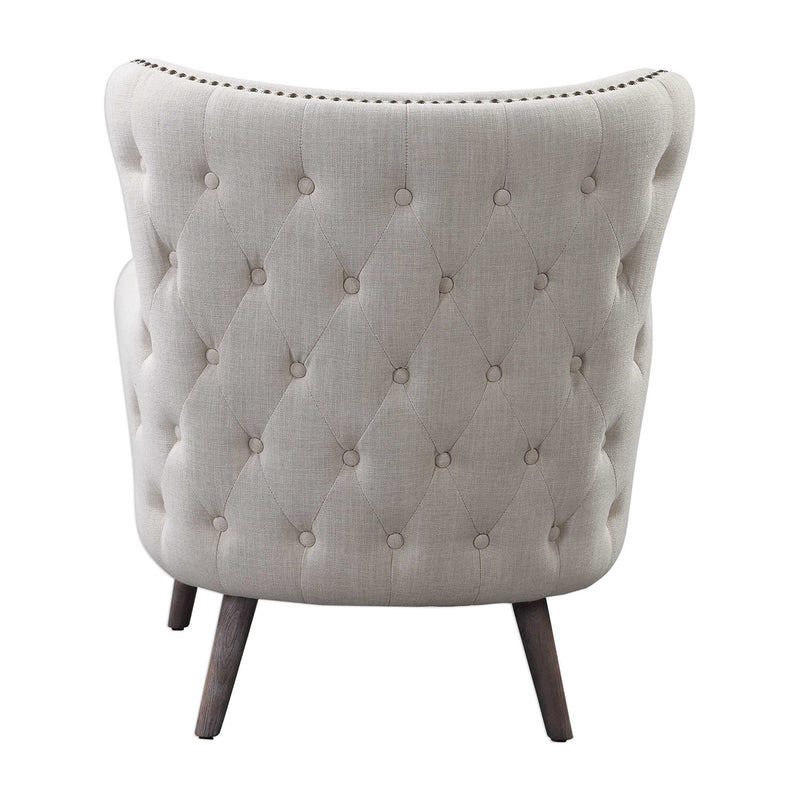 cream upholstered chair wingback tufted exterior gray outside nail heads