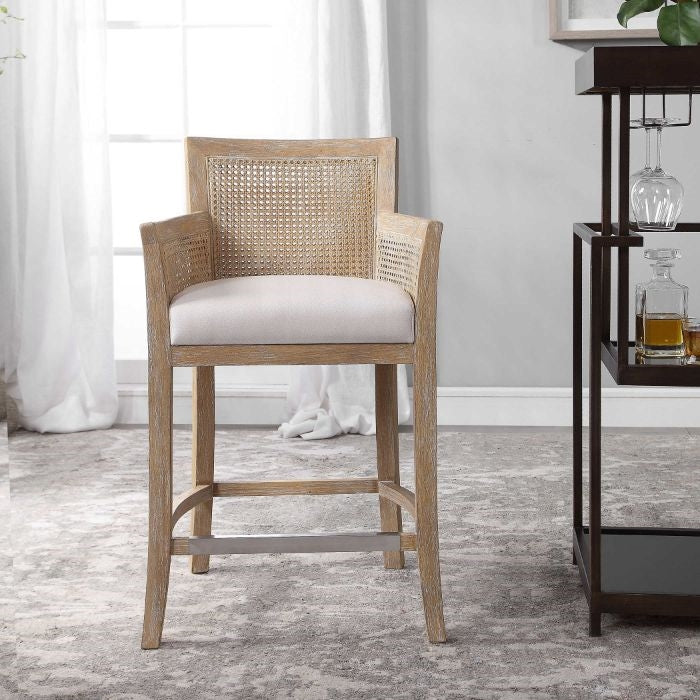 counter stool bleached hardwood sandstone cane back sides off-white cushion silver metal kick plate