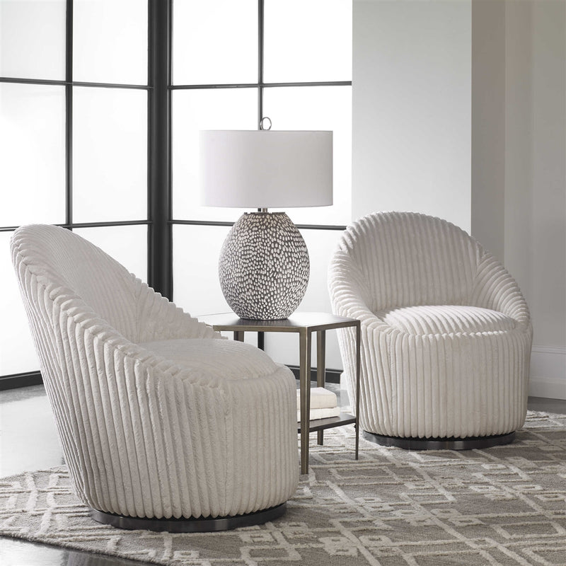 swivel chair barrel-shaped ivory fluted chenille upholstered