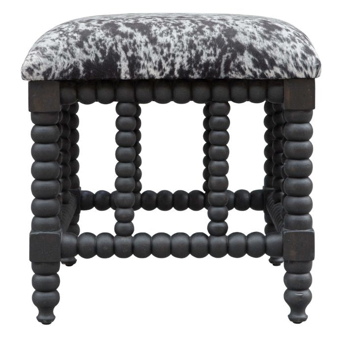 small bench charcoal gray white hide upholstered wood base