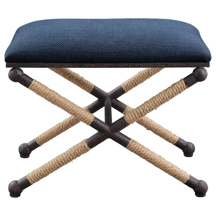 small bench navy cushion x-frame rope