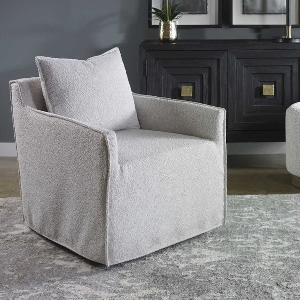 ivory grey boucle slipcover swivel chair