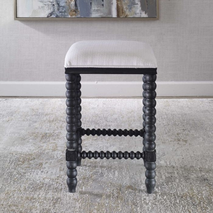 counter stool turned legs black stain white fabric