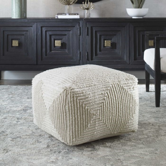 geometric design wool ivory floor pouf