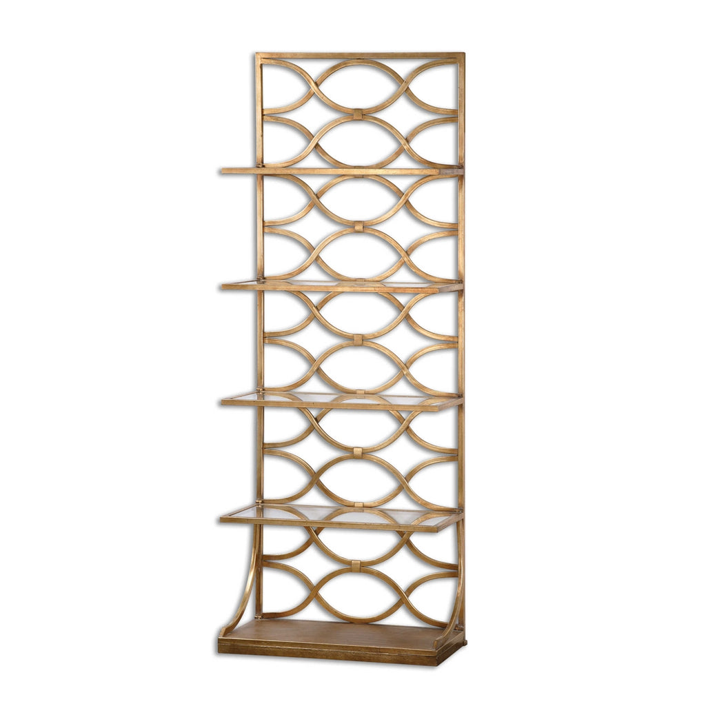 glass shelves gold leaf forged iron etagere