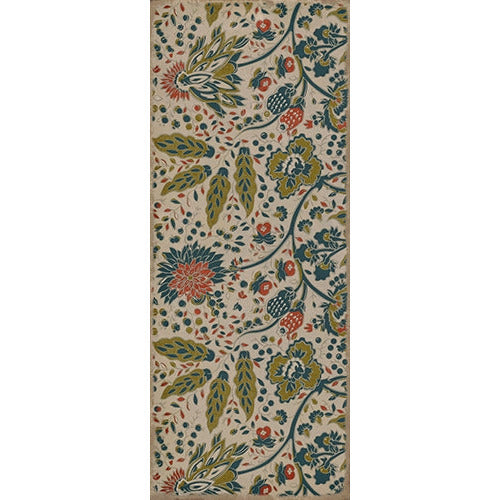 vinyl floor runner vintage flowers cream red blue