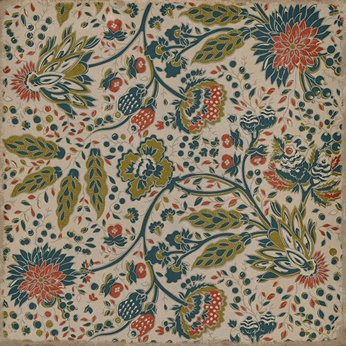 vinyl floor square mat vintage flowers cream red blue