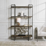 shelving unit four shelves industrial solid wood natural