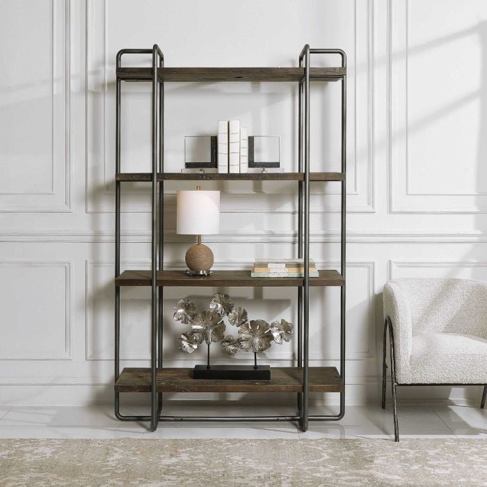shelving unit four shelves industrial solid wood natural