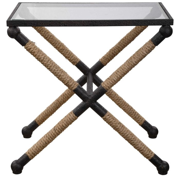 side table rope wrapped base black natural iron frame