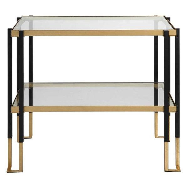 accent table side iron black gold 2-tier glass contemporary