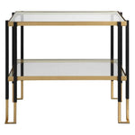 accent table side iron black gold 2-tier glass contemporary
