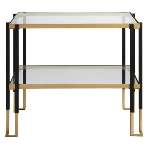 accent table side iron black gold 2-tier glass contemporary
