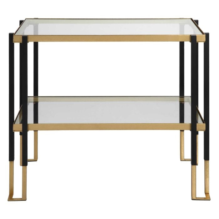 accent table side iron black gold 2-tier glass contemporary