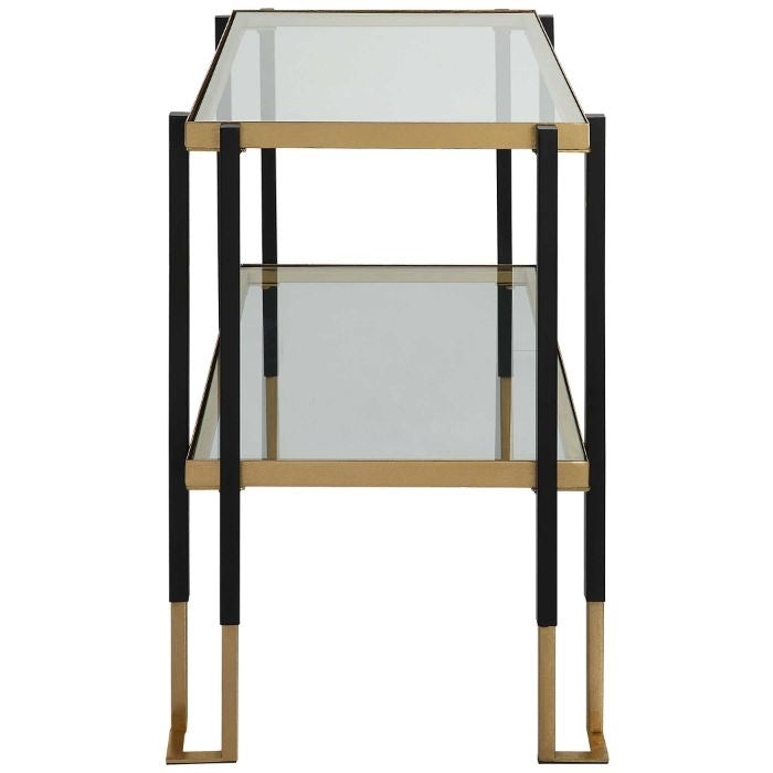 accent table side iron black gold 2-tier glass contemporary