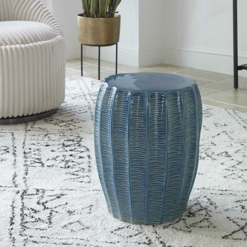 aqua blue round garden stool hand carved