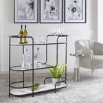 trolley bar console satin black tempered glass shelves