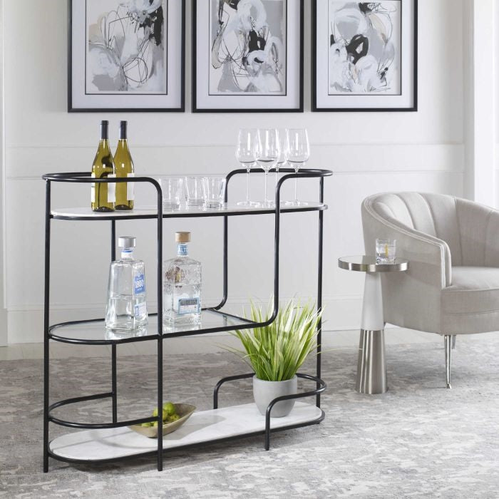 trolley bar console satin black tempered glass shelves