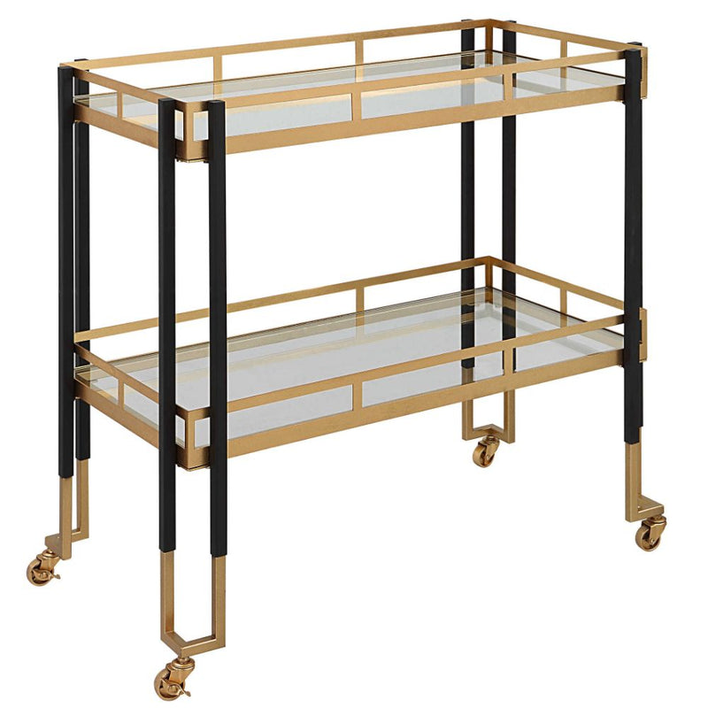 bar cart black brushed gold glass shelves casters