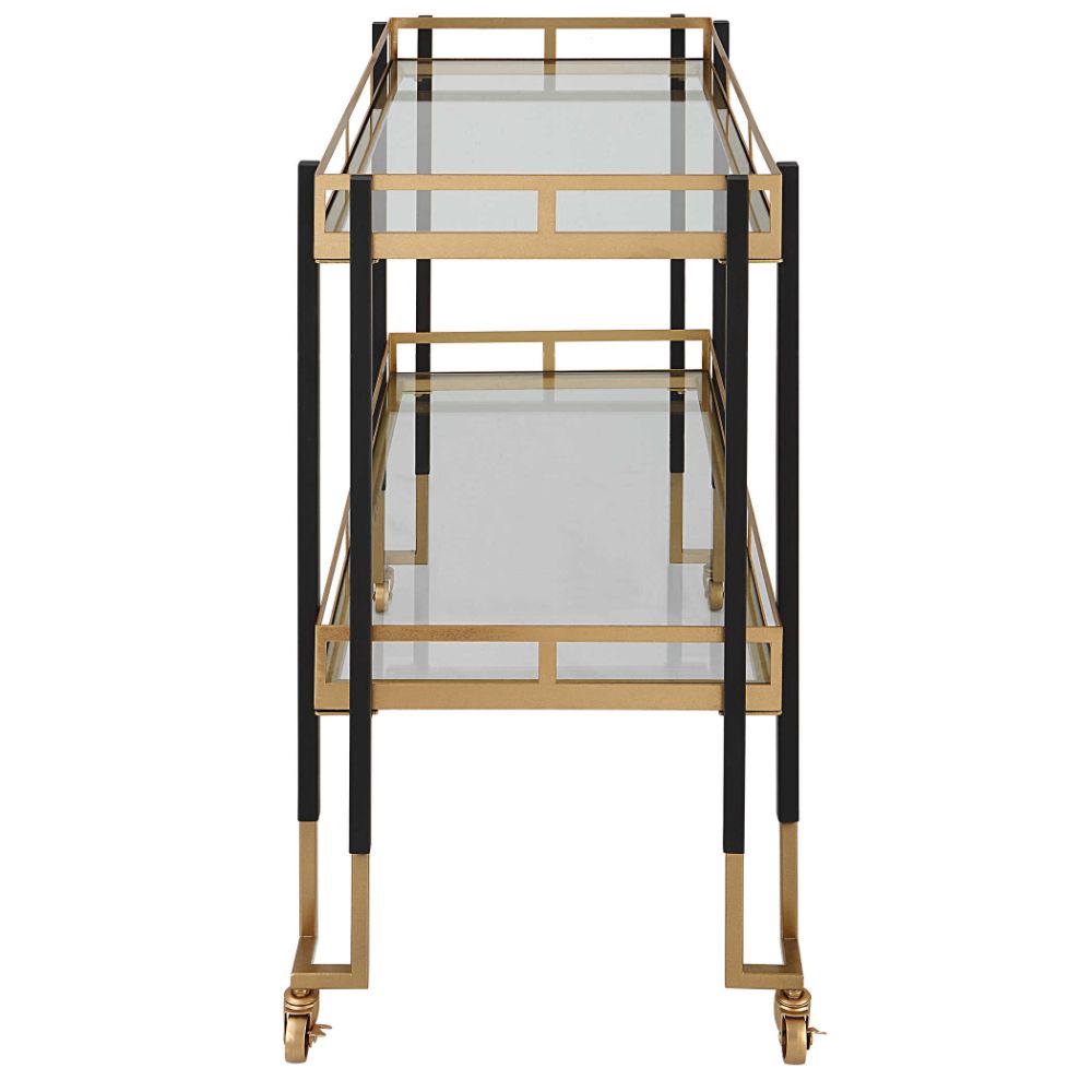 bar cart black brushed gold glass shelves casters