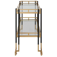 bar cart black brushed gold glass shelves casters