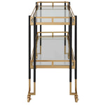 bar cart black brushed gold glass shelves casters