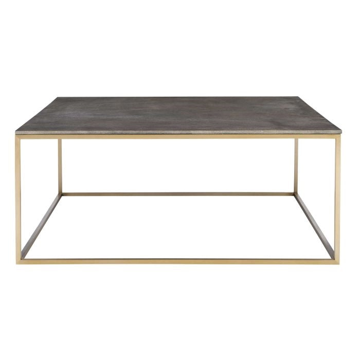 square coffee table brass finish dark gray faux shagreen leather top contemporary