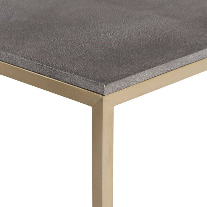 square coffee table brass finish dark gray faux shagreen leather top contemporary
