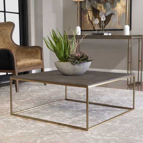 square coffee table brass finish dark gray faux shagreen leather top contemporary