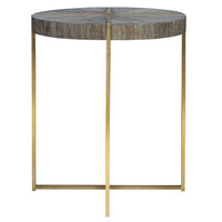 round accent table brass finish gray veneer wood