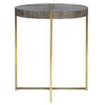 round accent table brass finish gray veneer wood