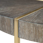 round accent table brass finish gray veneer wood