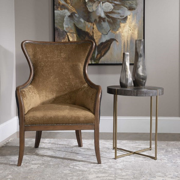 round accent table brass finish gray veneer wood