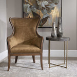 round accent table brass finish gray veneer wood
