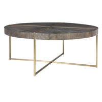 round coffee table brass finish gray veneer wood