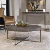 round coffee table brass finish gray veneer wood