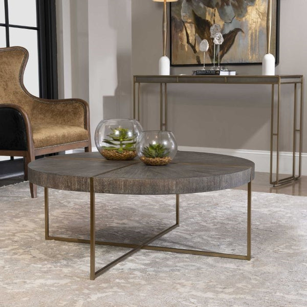 round coffee table brass finish gray veneer wood