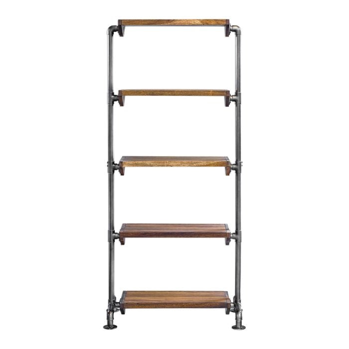 standing shelf unit etagere wood five pipe frame industrial