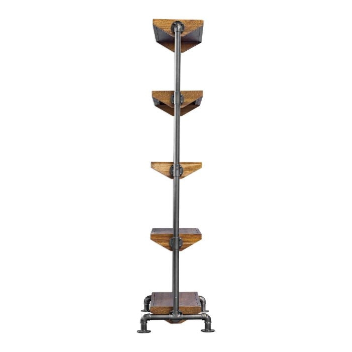 standing shelf unit etagere wood five pipe frame industrial